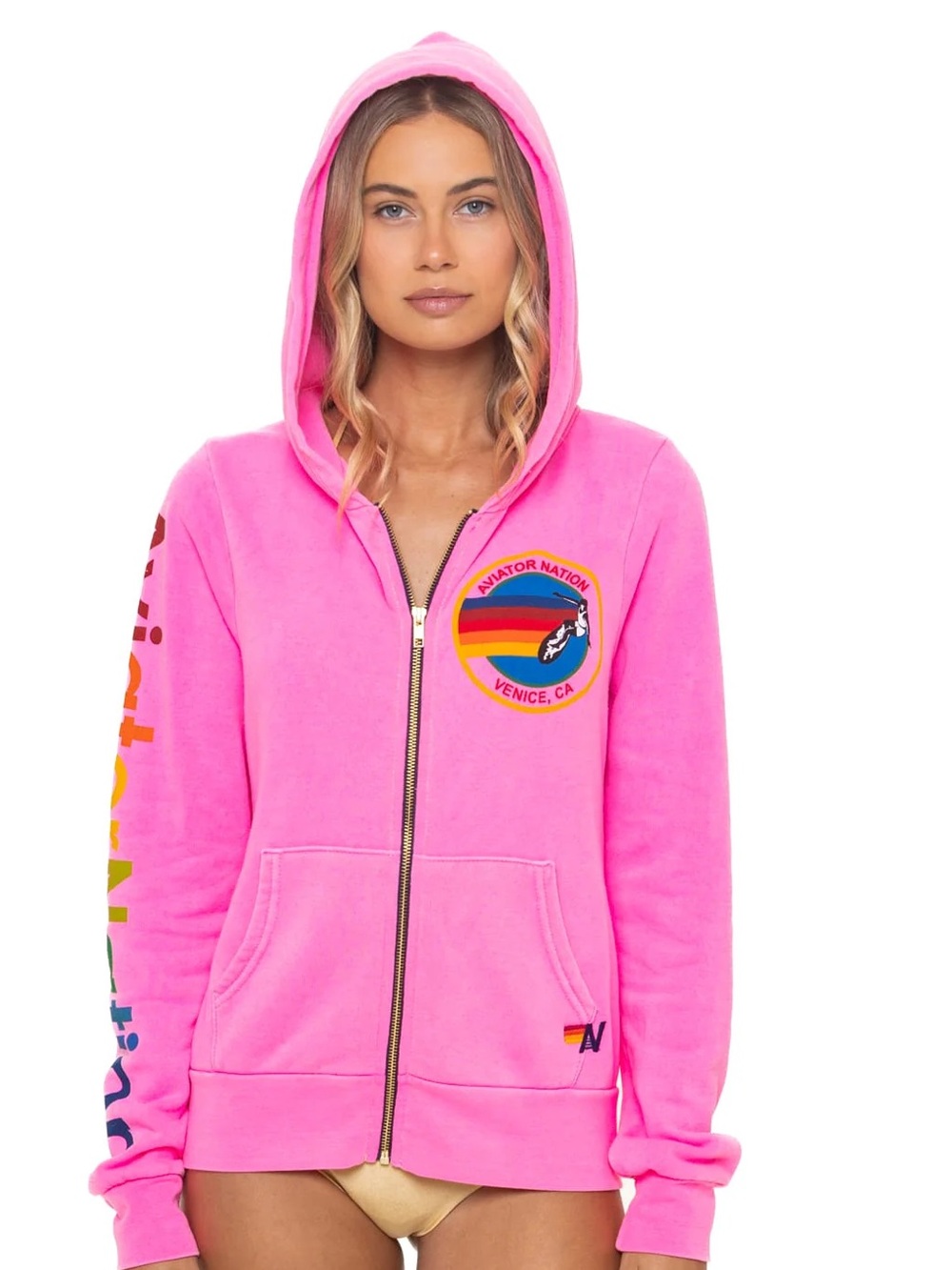Aviator Nation Neon Pink Zip Hoodie Venice CA Rainbow Logo Size Small